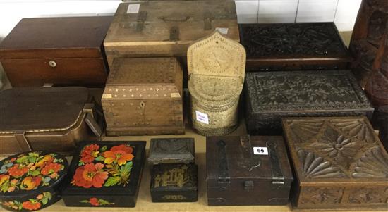 Indian carved box, Scandinavian carved salt box, small boxes and carvings incl. pair Japanese bamboo vases